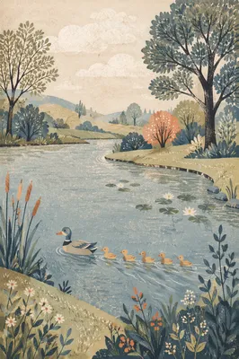 Mother Duck and Ducklings on Spring Pond