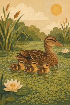 Mother Duck and Ducklings on Spring Pond