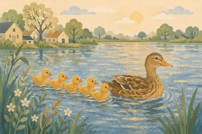 Mother Duck and Ducklings on Spring Pond