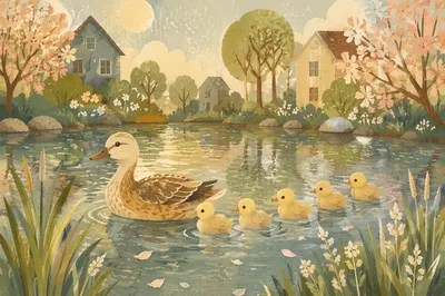 Duck Family Swimming on Spring Pond