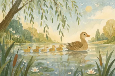 Duck Family Swimming on Spring Pond