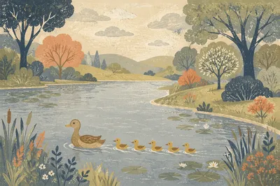 Duck Family Gliding Across Spring Pond