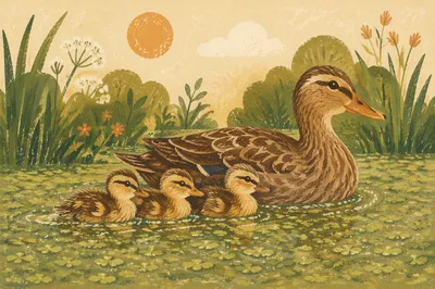 Mother Duck and Ducklings on Spring Pond