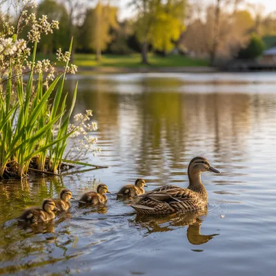 Duck Family Swimming on Spring Pond