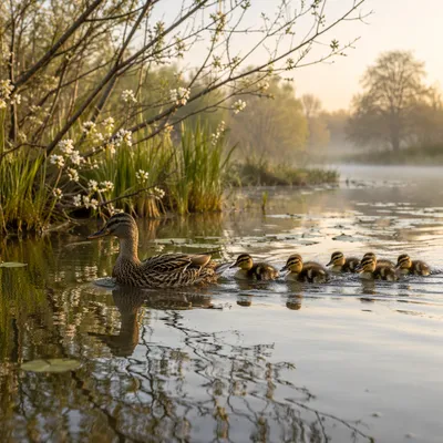 Duck Family Swimming on Spring Pond