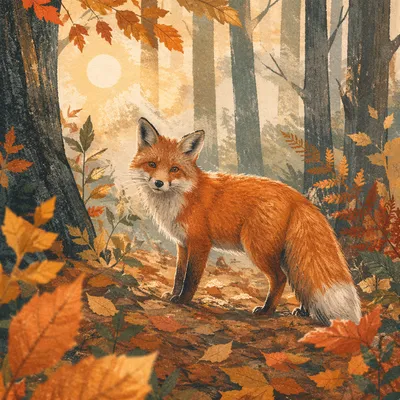 Red Fox in Misty Autumn Forest