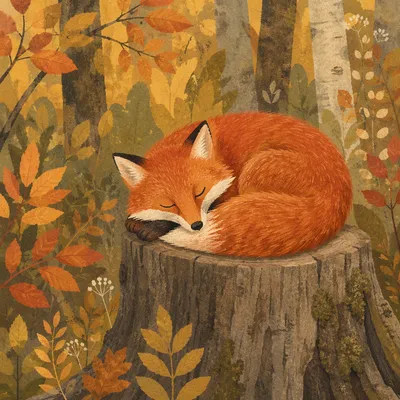 Sleeping Red Fox in Autumn Forest