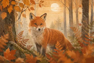 Red Fox in Misty Autumn Forest