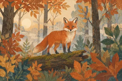 Red Fox in Misty Autumn Forest
