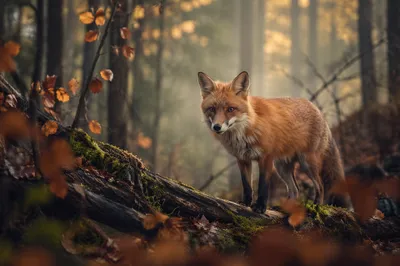 Red Fox in Misty Autumn Forest