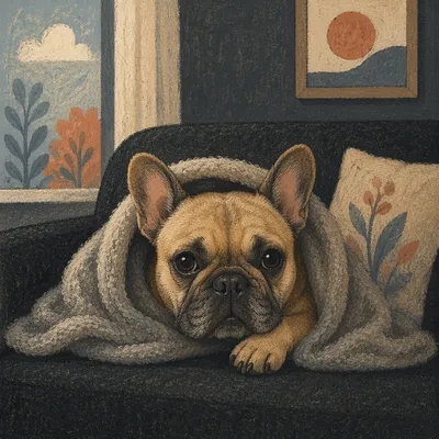 Cozy French Bulldog on Charcoal Sofa