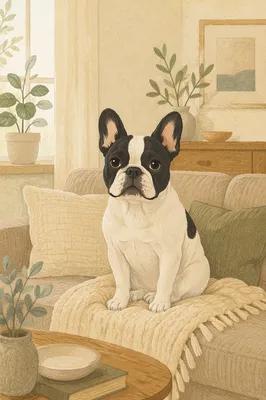 Cozy French Bulldog on Linen Sofa