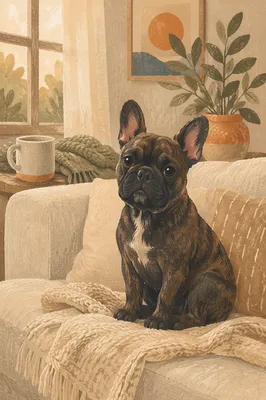 Cozy French Bulldog on Linen Sofa