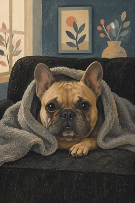 Cozy French Bulldog on Charcoal Sofa