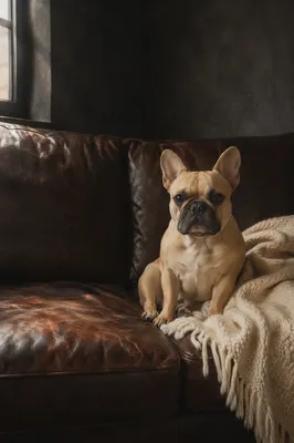 Cozy French Bulldog on Leather Sofa