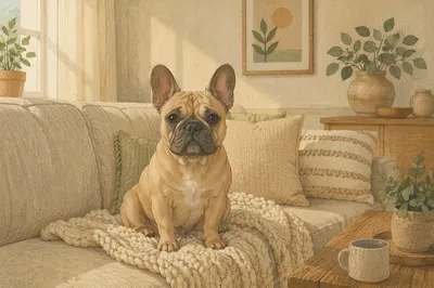 Cozy French Bulldog on Linen Sofa