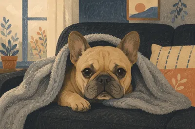 Cozy French Bulldog on Charcoal Sofa