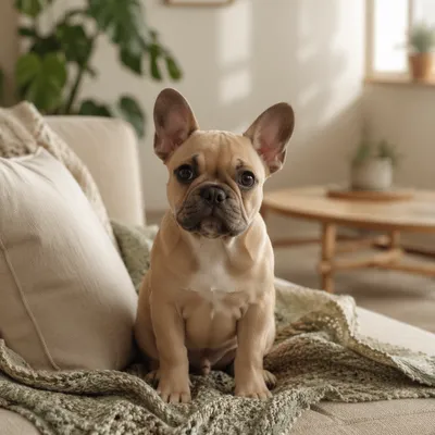 Cozy French Bulldog on Linen Sofa