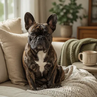 Cozy French Bulldog on Linen Sofa