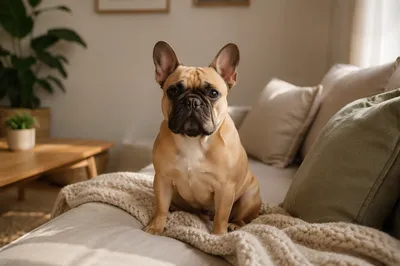 Cozy French Bulldog on Linen Sofa
