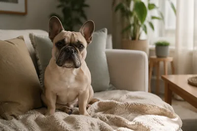 Cozy French Bulldog on Linen Sofa