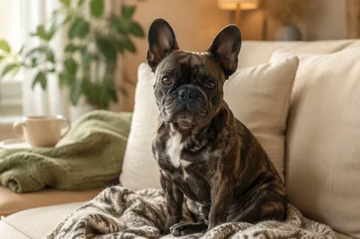 Cozy French Bulldog on Linen Sofa