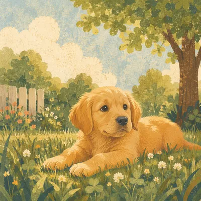 Golden Retriever Puppy Resting on Sunny Grass