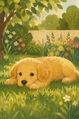 Golden Retriever Puppy Resting in Sunny Grass