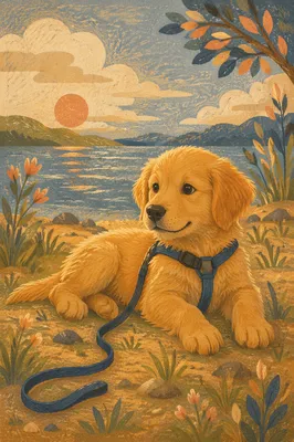 Golden Retriever Puppy Resting by Sunny Shore
