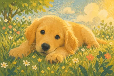Golden Retriever Puppy Resting in Sunny Grass