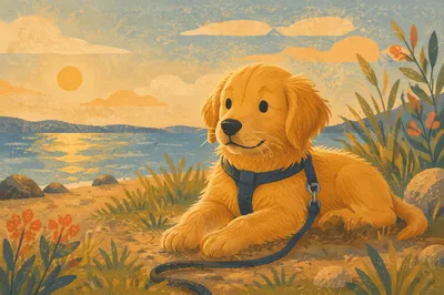Sunny Golden Retriever Puppy by the Shore