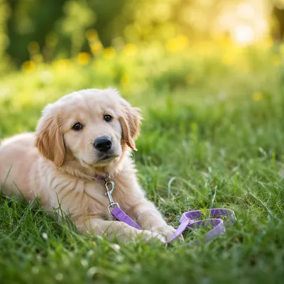 Golden Retriever Puppy Resting in Sunny Grass