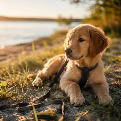 Golden Retriever Puppy Resting by Sunny Shore