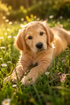 Golden Retriever Puppy Resting in Sunny Grass