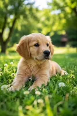 Golden Retriever Puppy Resting on Sunny Grass