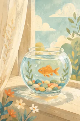 Orange Goldfish in Sunlit Glass Bowl
