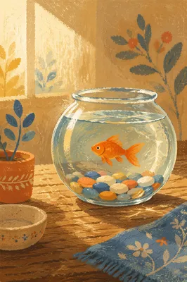 Orange Goldfish in Round Glass Bowl