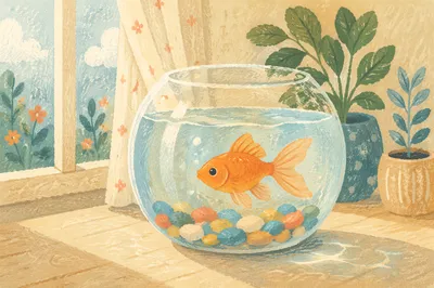 Goldfish in Glass Bowl with Colorful Pebbles