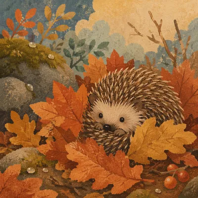 Cute Hedgehog Curled in Autumn Leaves