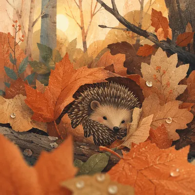 Cute Hedgehog Curled in Autumn Leaves