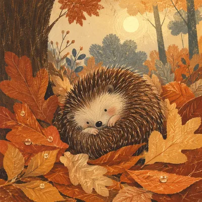 Cute Hedgehog Curled in Autumn Leaves