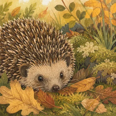 Cute Hedgehog Curled in Autumn Leaves