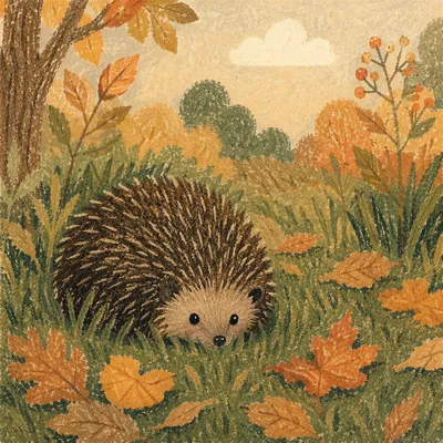 Cute Hedgehog Curled in Autumn Leaves