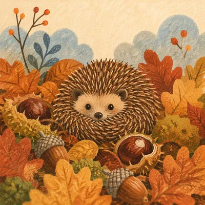 Cute Hedgehog Curled in Autumn Leaves
