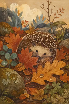 Cute Hedgehog Curled in Autumn Leaves