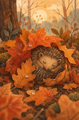 Cute Hedgehog Curled in Autumn Leaves