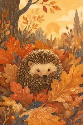 Cute Hedgehog Curled in Autumn Leaves