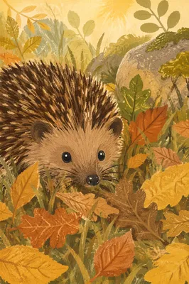 Cute Hedgehog Curled in Autumn Leaves