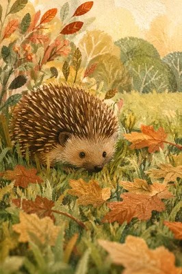 Cute Hedgehog Curled Among Autumn Leaves