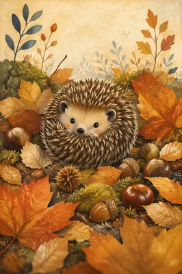 Cute Hedgehog Curled in Autumn Leaves